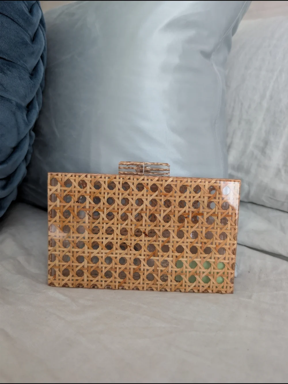 NWT RAMLA Rattan Cane Acrylic Box Clutch Crossbody Bag Brown Clear